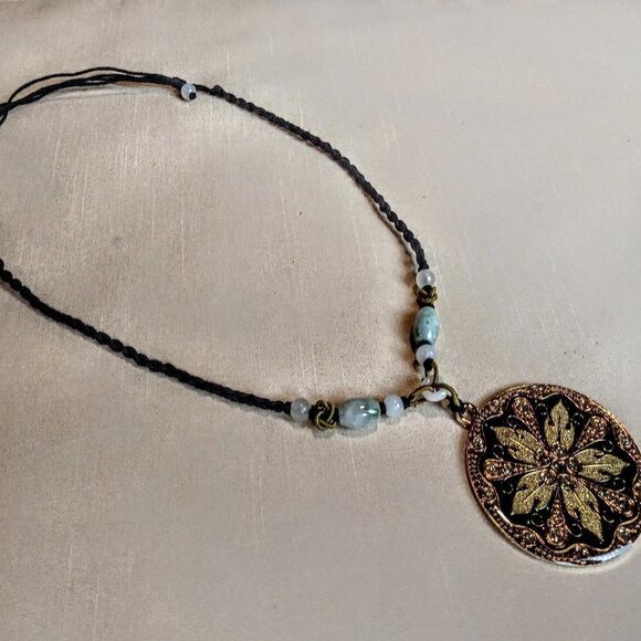 Vintage Jewelry - Chinese Glass Starburst Pendant Green Jade Beads Braided Silk Cord
